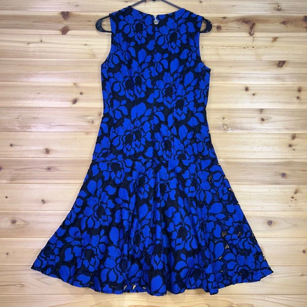 Tommy Hilfiger Dress Womens 4 Blue and Black Floral Lace Fit and Flare Dress